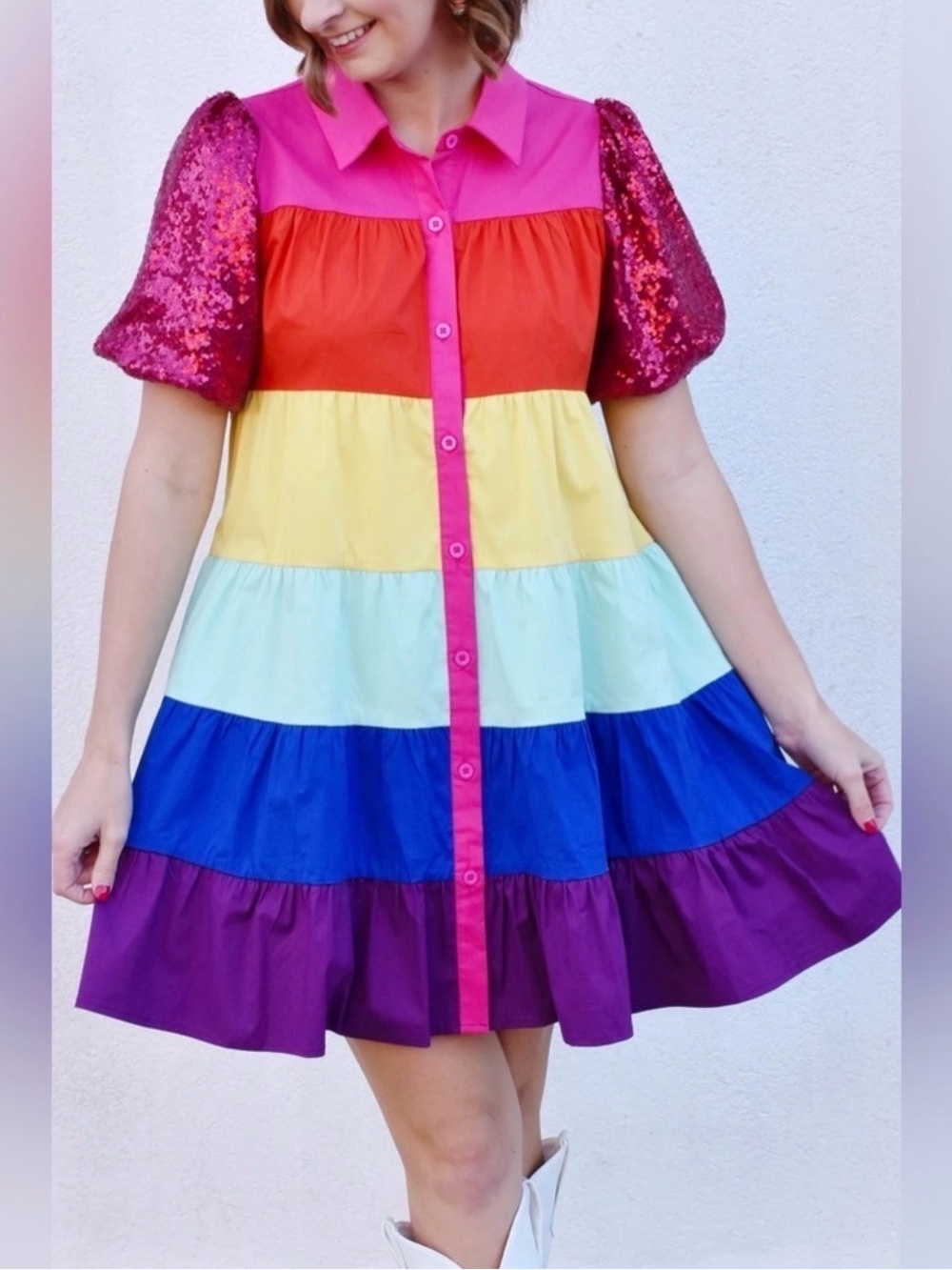 Blue B Rainbow Midi Dress with Sequined Puff Sleeves